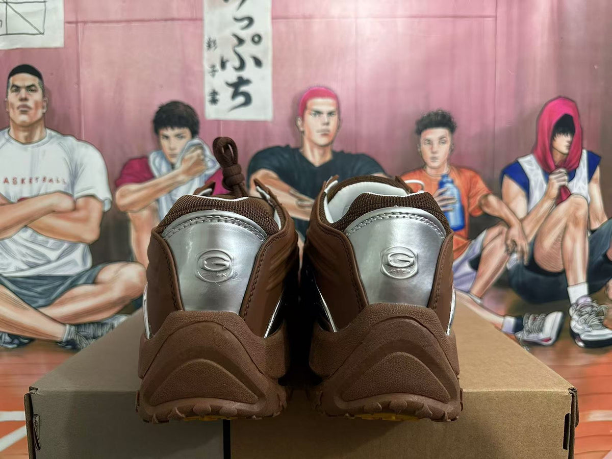 Brown Basketball Sneakers with Metallic Silver Accents